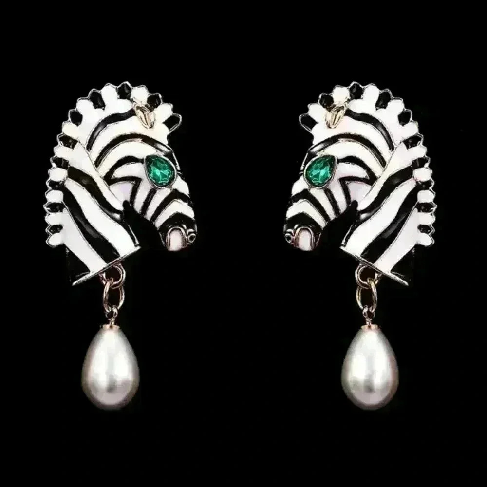 Elegant Zebra Head Stud Pendant Earrings - Green Crystal Eyes, Pearl Drops - Picture 2 of 7